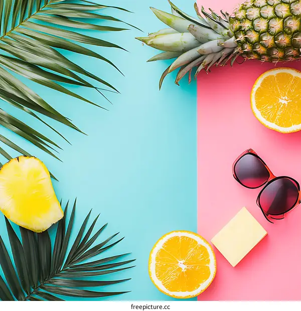 Summer Tropical Fruit Background with Palm Leaves, Pineapple, Oranges and Sunglasses