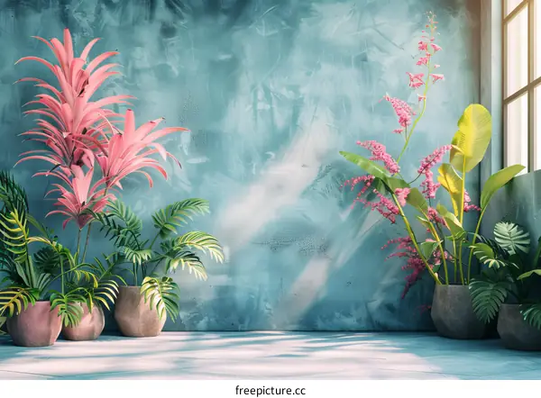 Tropical Plants Decorated Teal Wall Interior