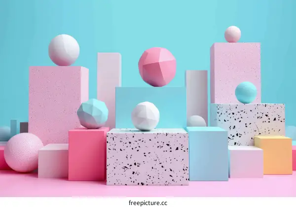 3D rendering of colorful geometric shapes on podiums against blue background