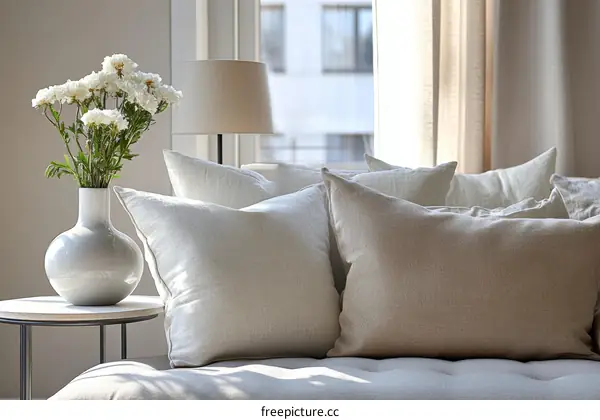 Cozy Living Room Interior with White Vase and Pillows