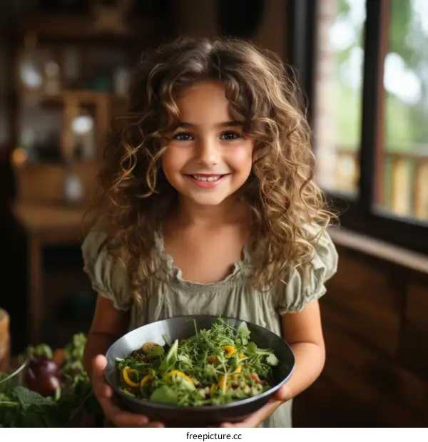 Little Girl Holding Bowl of Salad in Kitchen
