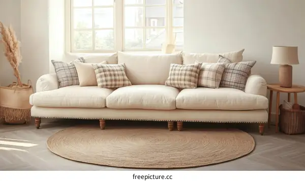 Cream Colored Sofa with Decorative Pillows in a Living Room