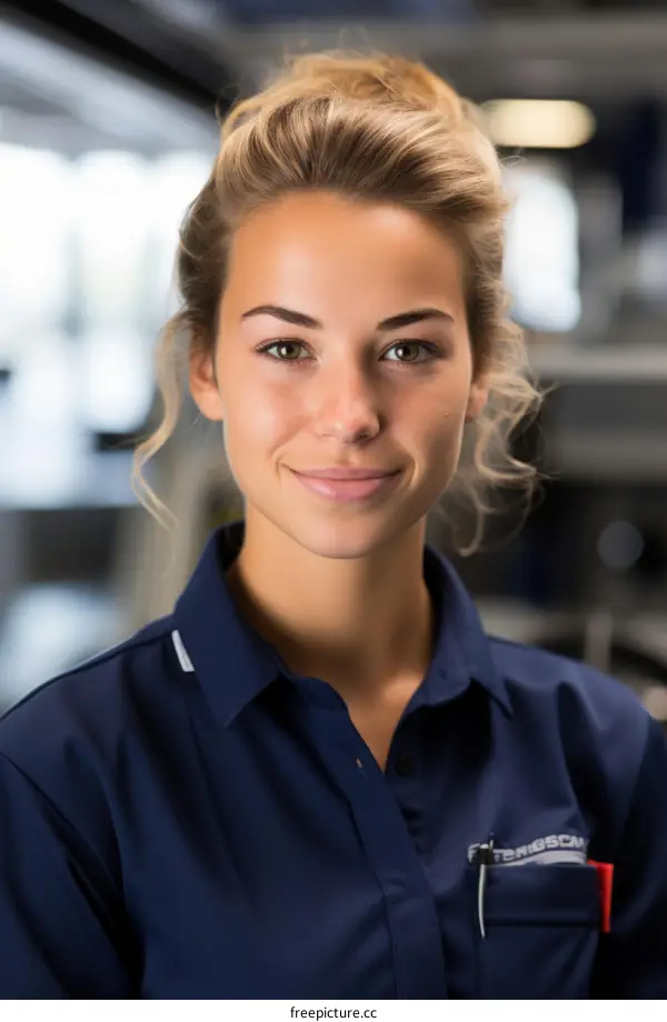 Portrait of a young female engineer smiling in a modern industrial setting