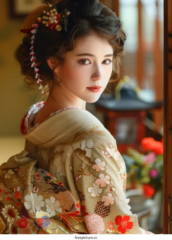 Young Woman in Traditional Japanese Kimono