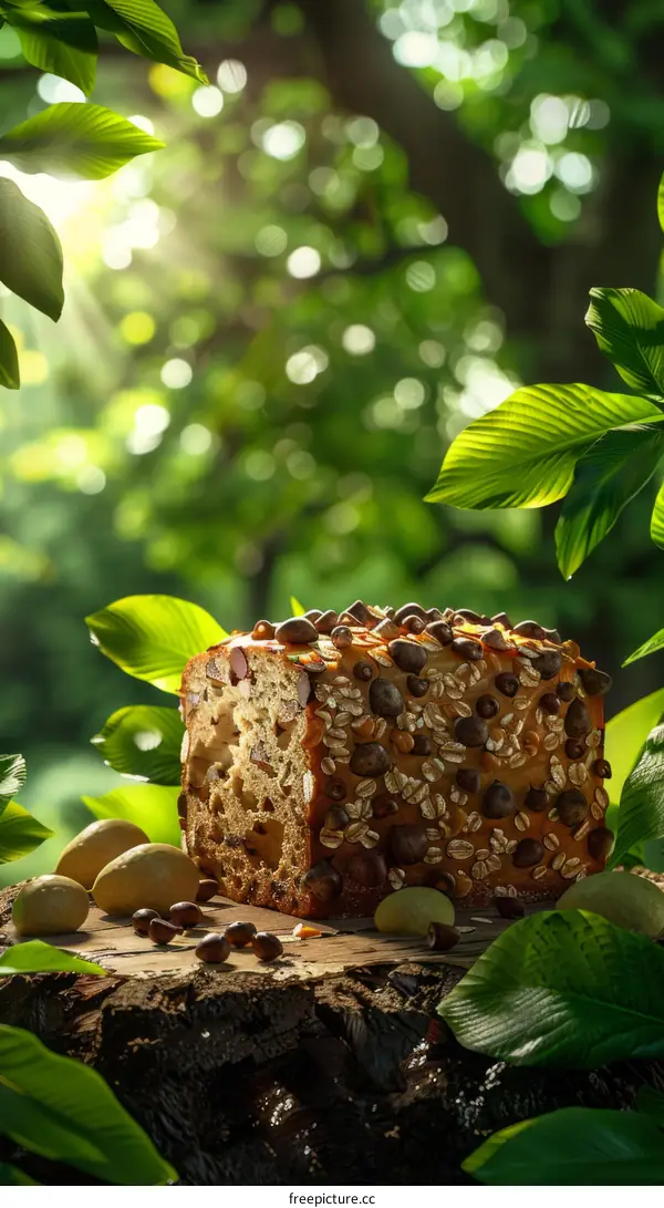 Close-up of a delicious and healthy multigrain bread on a wooden stump in a lush green forest