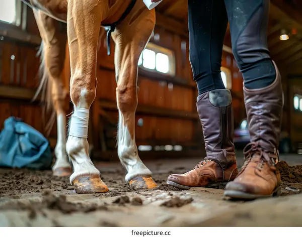 A person standing next to a brown horse in a barn