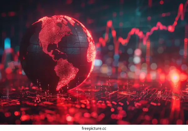 Red glowing globe with continents and glowing red circuit board