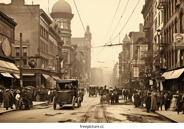 Crowded city street with horse-drawn carriages and early automobiles