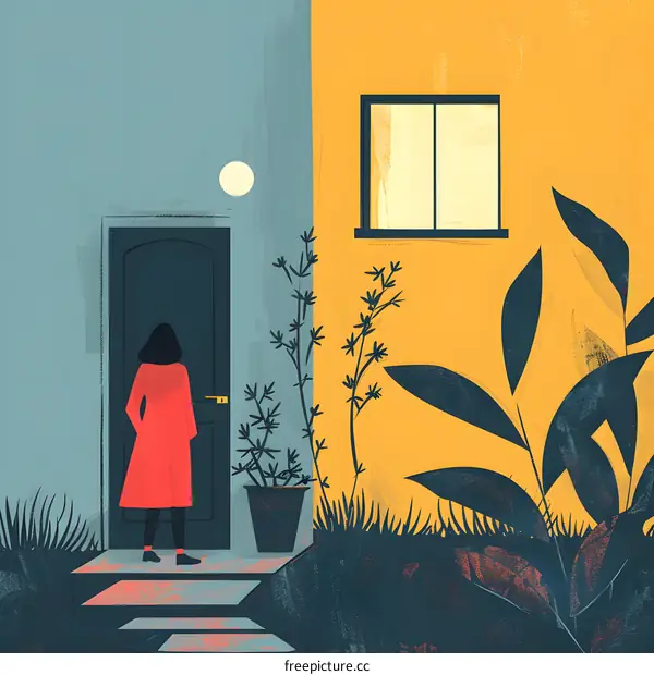 A woman standing in front of a blue door