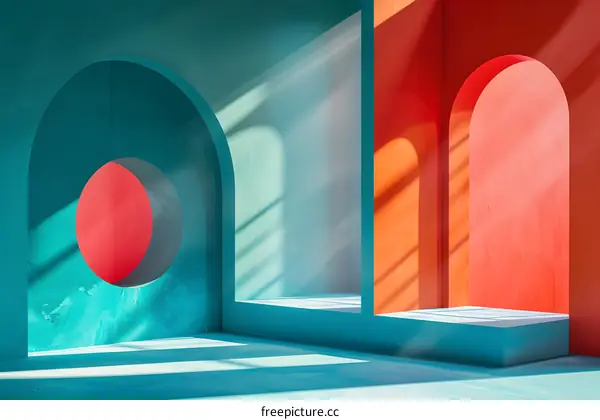Minimalist Architectural Space with Teal and Orange Walls