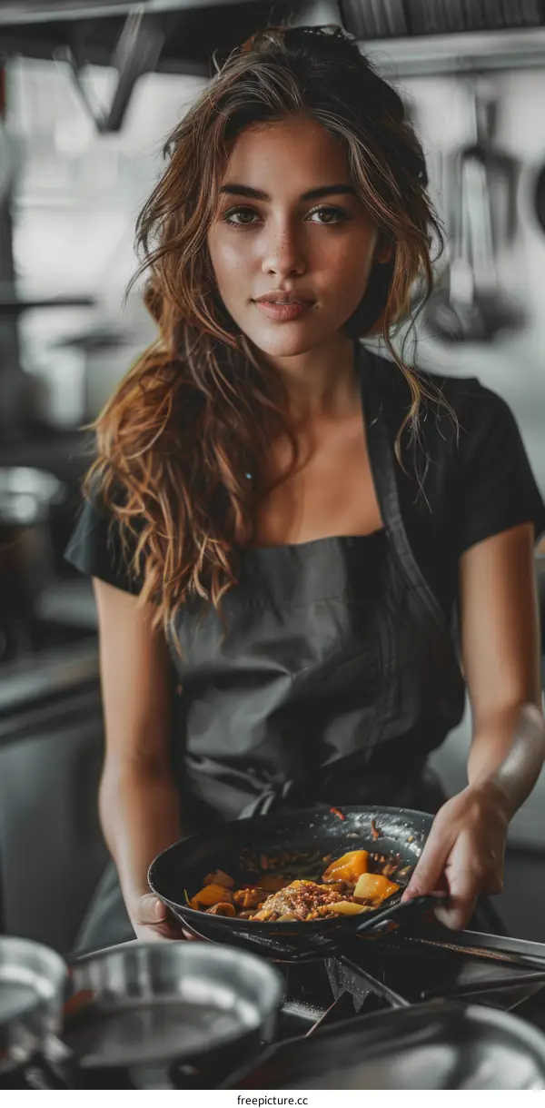 Portrait of a beautiful young woman chef in a commercial kitchen