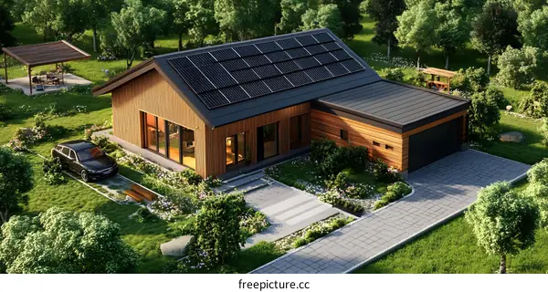 Modern House with Solar Panels and Green Lawn