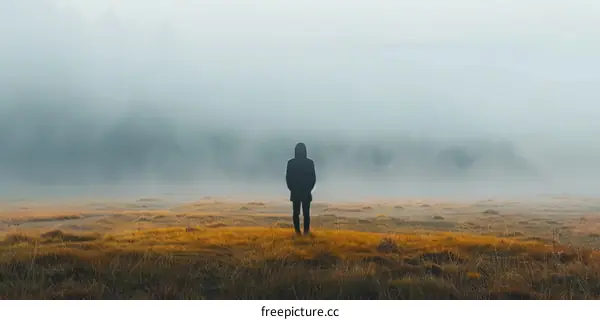 Man standing alone in a foggy field