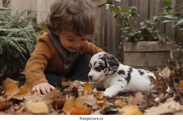 Little Boy Playing With Puppy In Fall Leaves