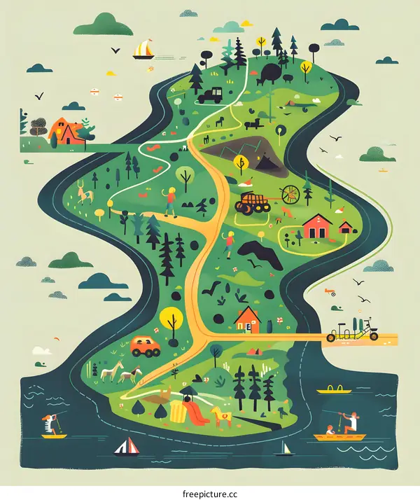Colorful Illustrated Map of a Summer Village
