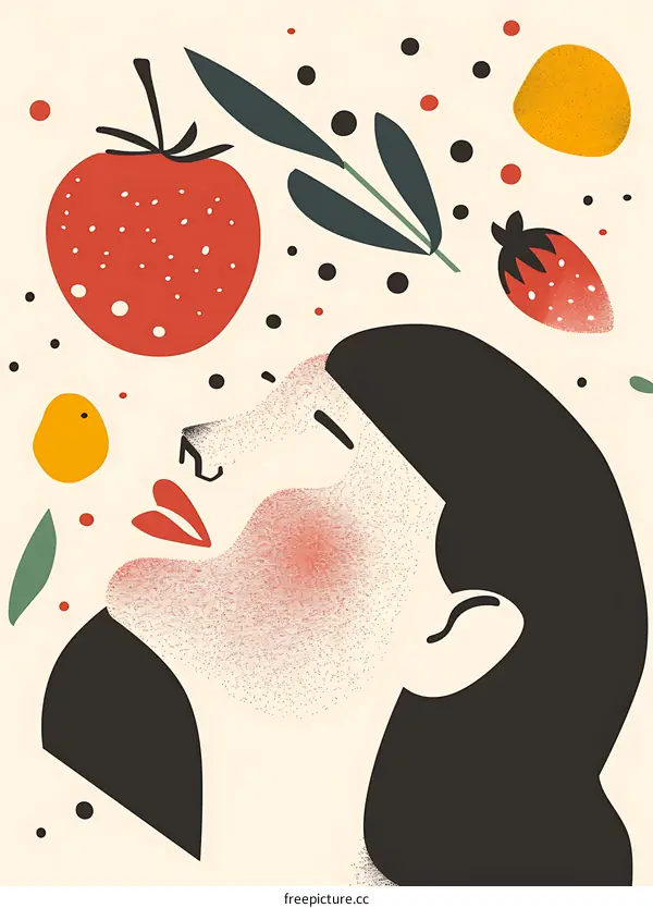 Abstract Woman Illustration with Red and Yellow Fruits