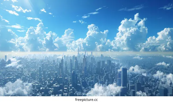 Cityscape Under a Blue Sky with Fluffy Clouds