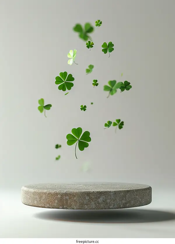 Green four-leaf clovers floating above a stone podium against a white background