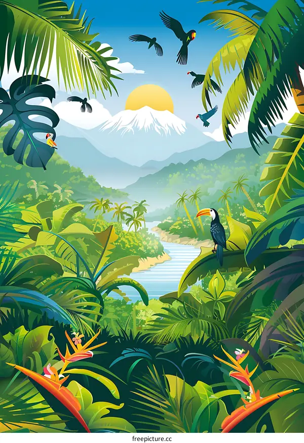 Tropical Rainforest Landscape with Birds and a River