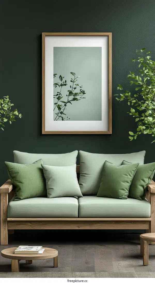 Green living room interior design with a framed artwork