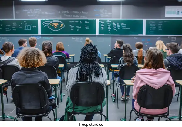 Students in a Classroom Sitting and Facing a Greenboard