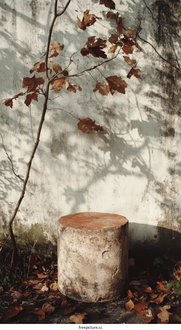 Rustic Stone Cylindrical Object Against Aged Wall