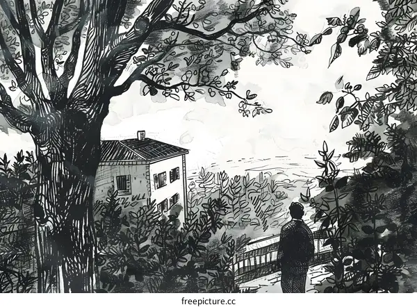 Black and White Illustration of a Man Standing in Front of a House