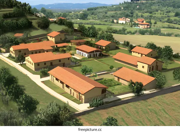 Aerial View of a Rural Village with Houses and Green Fields