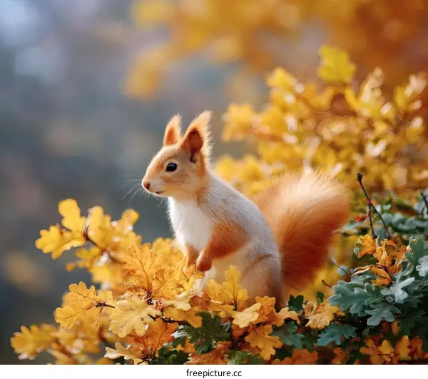Autumn Squirrel on a Branch with Fall Leaves
