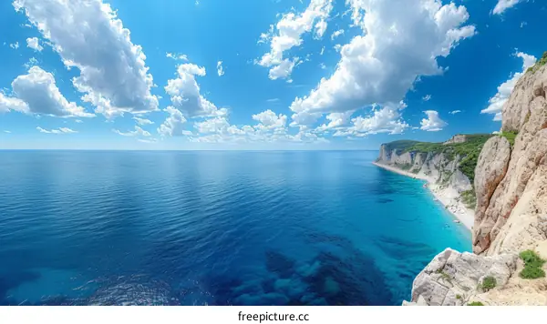 Rocky cliff coast panorama with beautiful blue sea and white clouds in 4k resolution