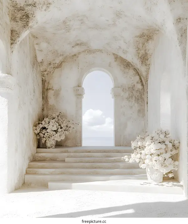 White Archway with Flowers and Ocean View