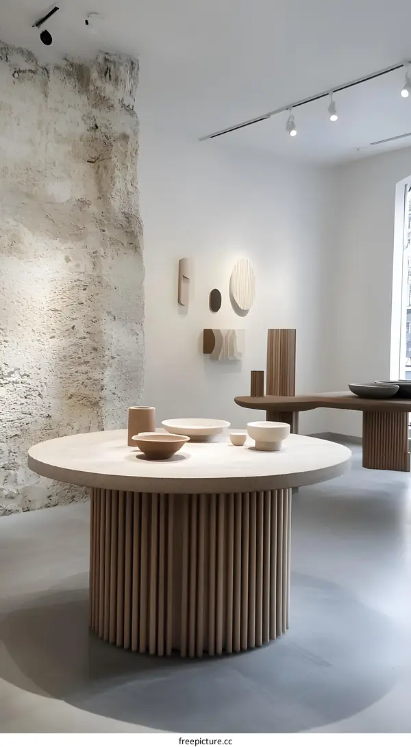 Minimalist Interior Design with Wooden Table and Abstract Wall Art