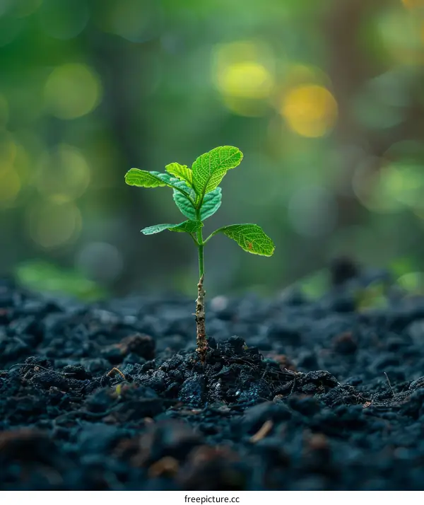 Small plant growing in the soil with a blurred background