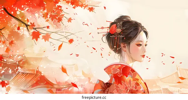 A beautiful Japanese woman in a kimono stands in a field of red maple leaves.