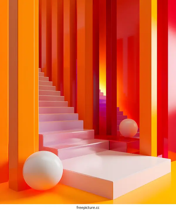 Abstract 3D Stairway with Orange and Red Columns