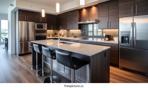 Modern kitchen with wood cabinets and stainless steel appliances