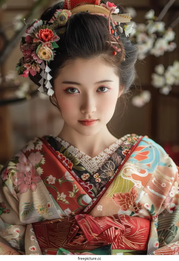 Portrait of a young Japanese woman in traditional kimono
