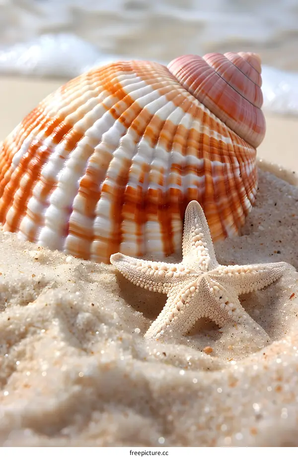 Seashell and Starfish on Sand