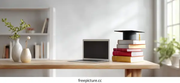 Simple Workspace with Books and Laptop