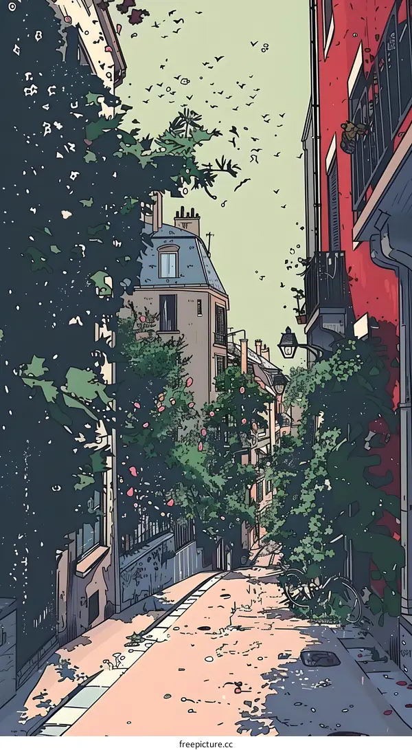 Cartoon Illustration Of A Narrow Street In A City With Birds Flying Over