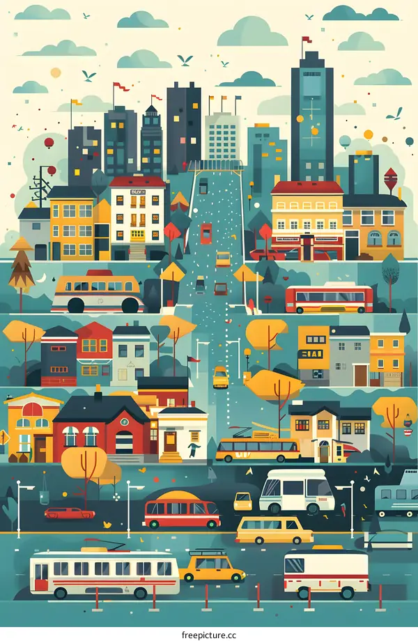 Colorful Cityscape Illustration with Buildings, Vehicles and People