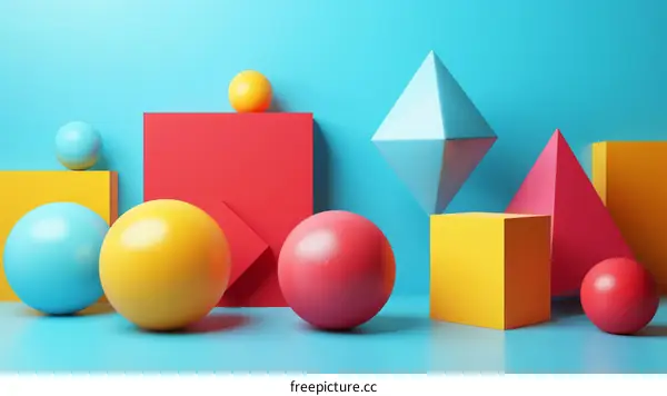 Colorful 3D shapes and spheres against a blue background