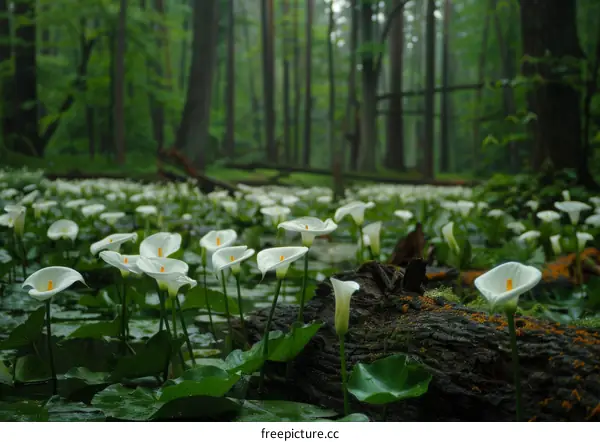 Calla lilies in a misty forest