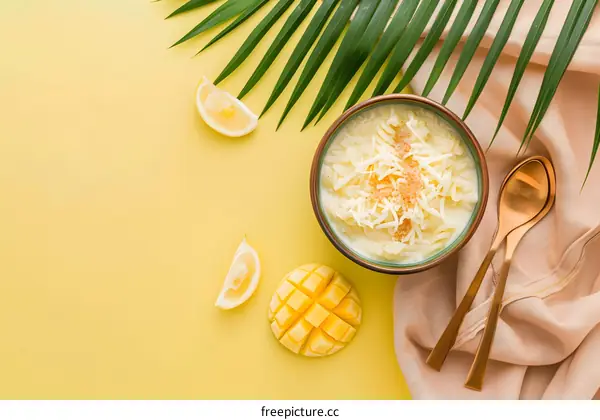 Yellow Background with Mango, Lemon and Bowl of Dessert