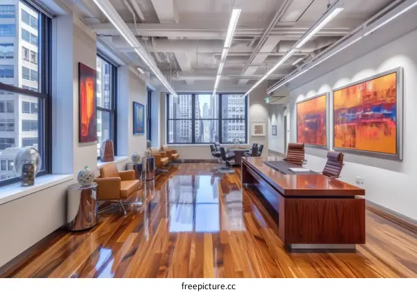 Office with a wooden floor and large windows