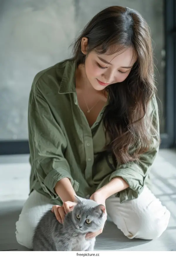 A young woman is petting a gray cat on the floor