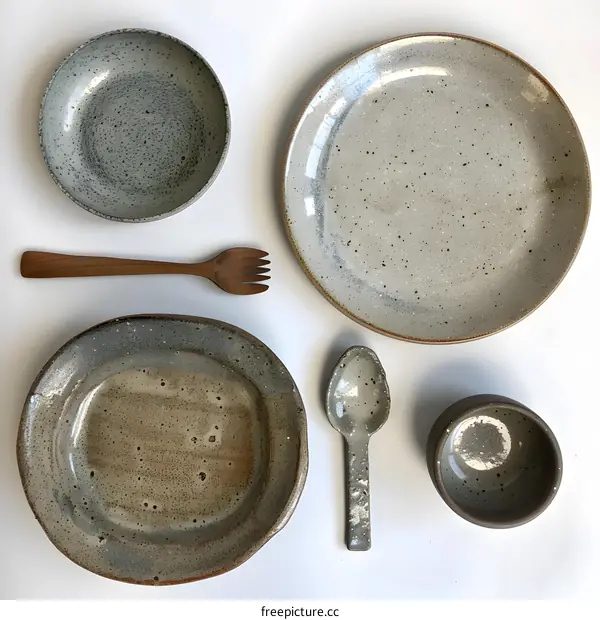 Set of Handmade Speckled Ceramic Plates and Bowls