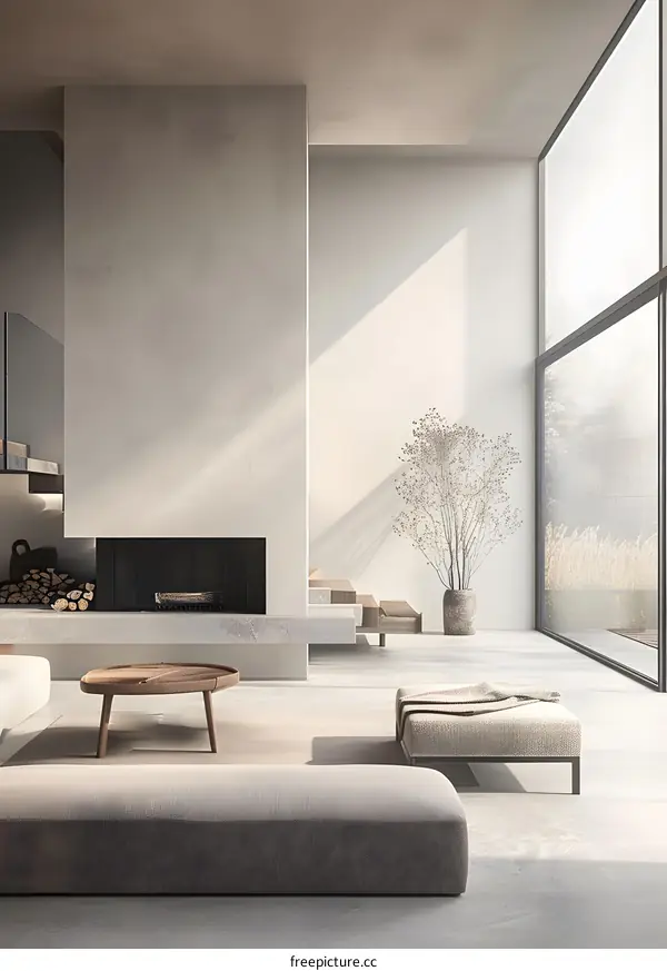Minimalist Living Room Interior Design with Fireplace and Large Window