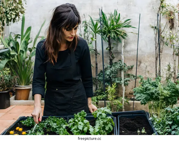 Woman in Black Shirt Tending to Plants in Garden