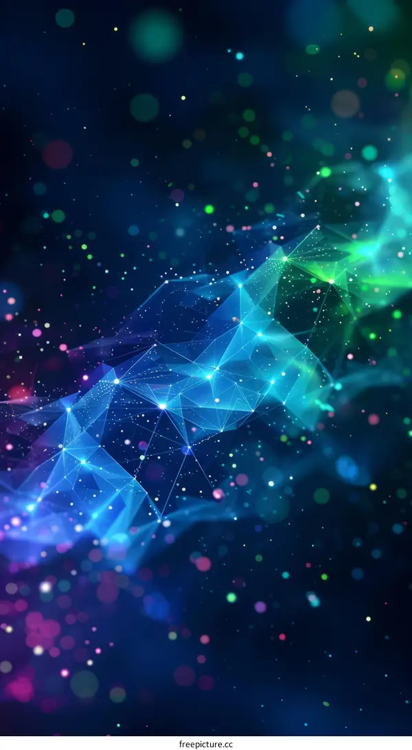 Blue green polygonal wave structure with glowing dots